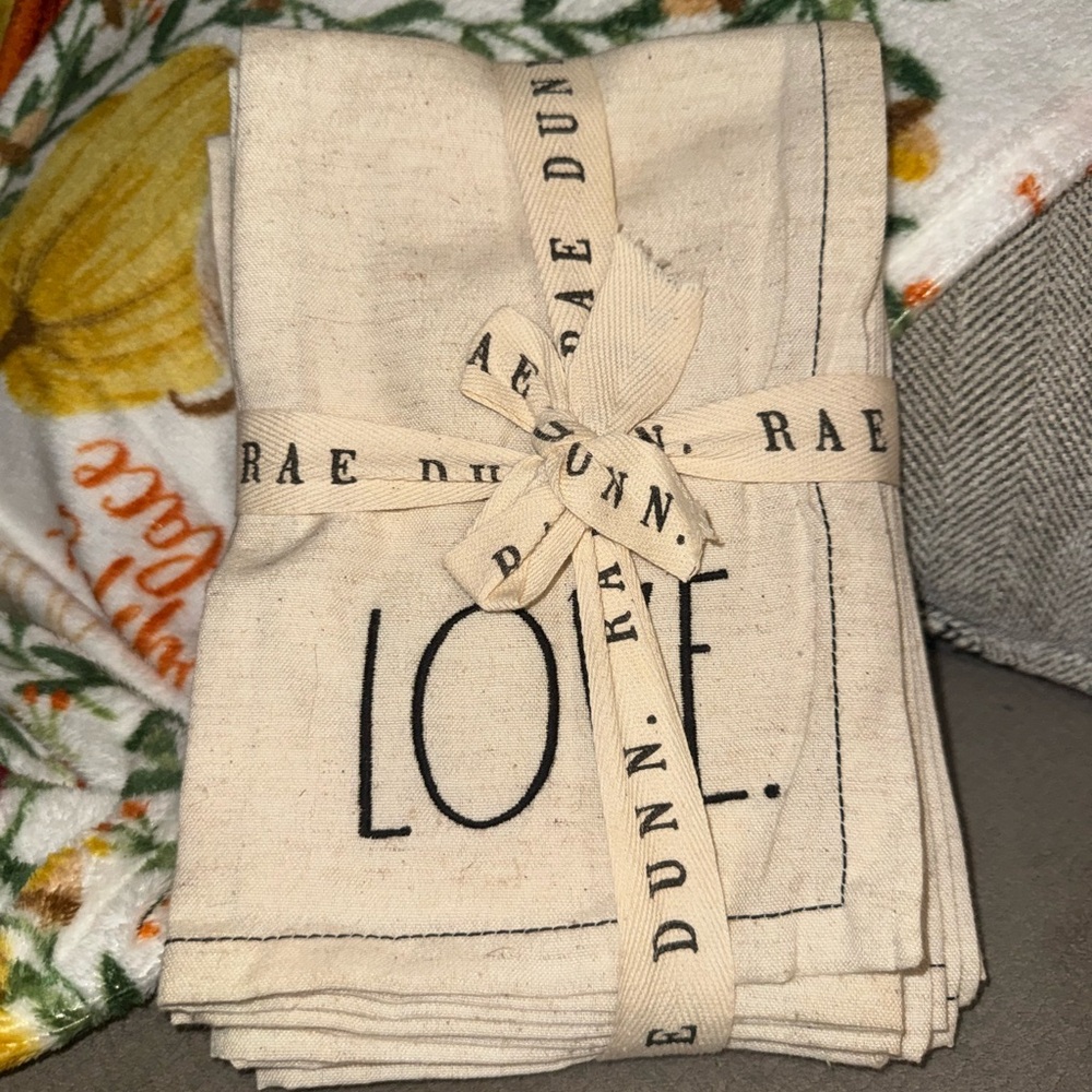 Rae Dunn Cream Tea Towels with Love Print